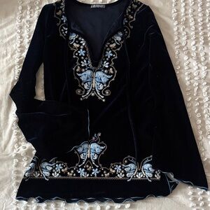 Elegant Black and Blue Embroidered Long Sleeve Top